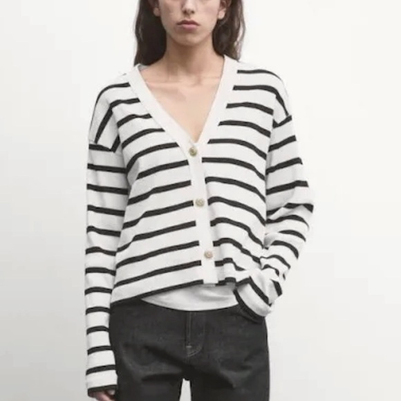 Massimo Dutti Button Front Cardigan Women M V Neck Striped Cotton Cream Black - Picture 1 of 15